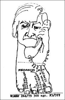 Stopka redakcyjna „Małej Formy” z karykaturą redaktora naczelnego - rys. Bogdan Bombolewski