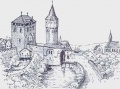 Brama i szpital Świętego Ducha. Na tle barbakanu widoczna okrągła baszta z XV wieku (wg Stettin, Stettin 1925, s. 15 /w:/ Encyklopedia Szczecina, t. I, s. 119)